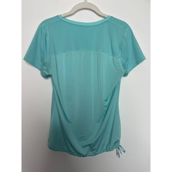 Lucy Small Athletic Top Teal Blue Mesh Short Sleeve Drawstring Reflective Strips - Picture 8 of 9